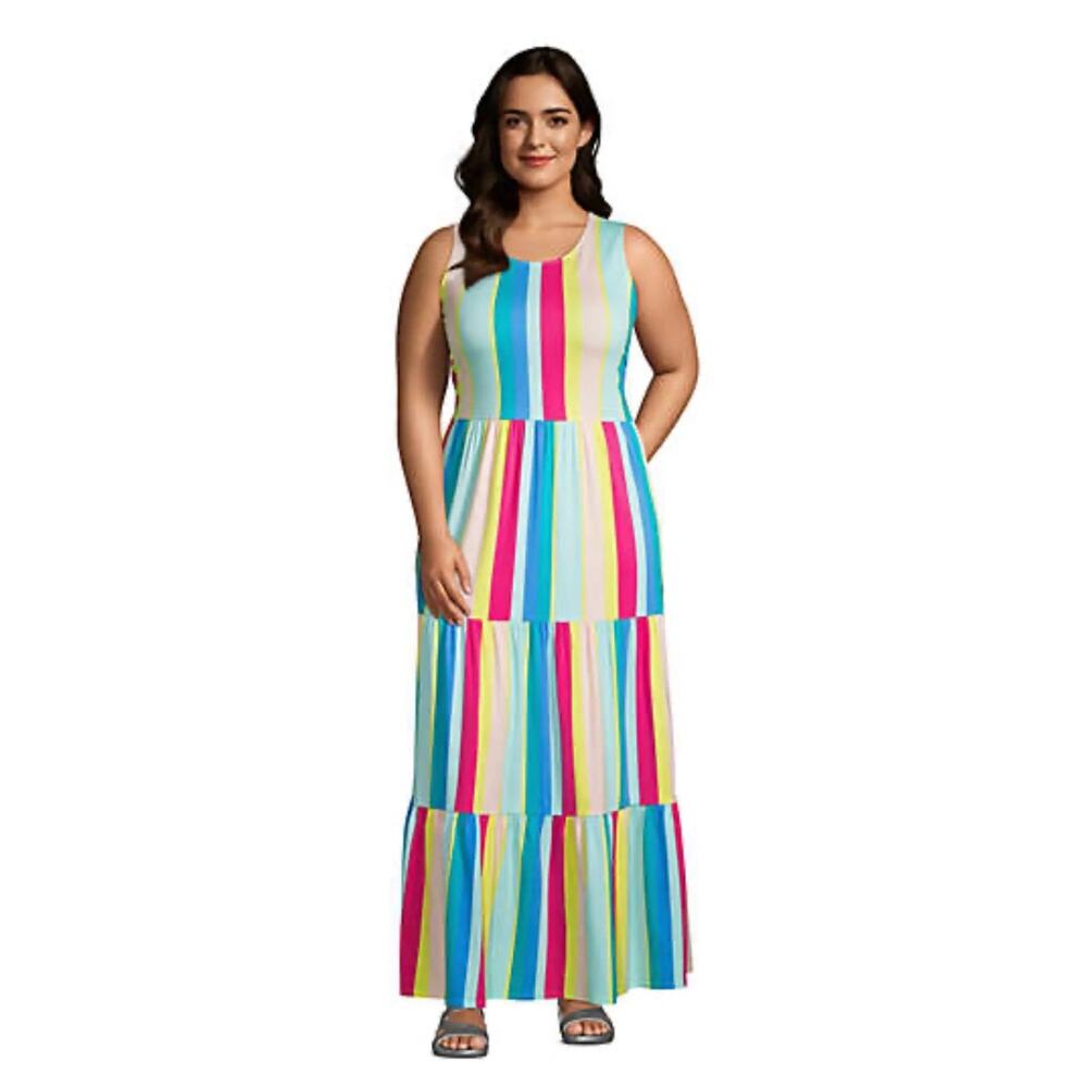 Lands' End Women's Large (US 14/16) Stripe Tiered Sleeveless Stretch Maxi Dress